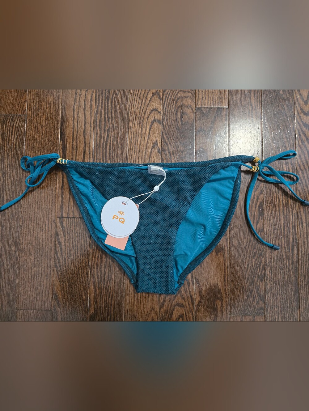 PQ Swim Bikini Bottom Sparkle Teal Green Aqua Golden Ties Size M